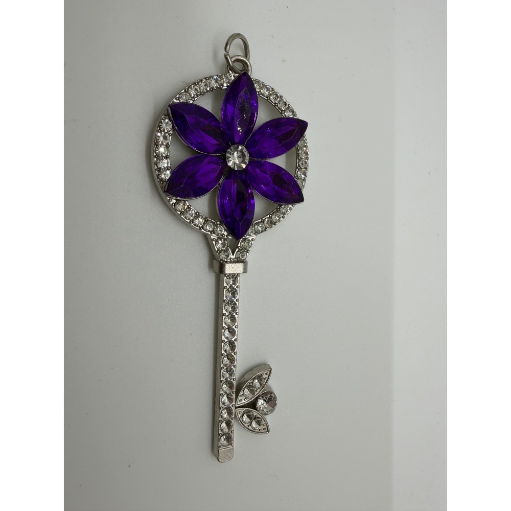 Silver Tone Purple Rhinestone Flower Skeleton Key Pendant Clear Crystal Accents